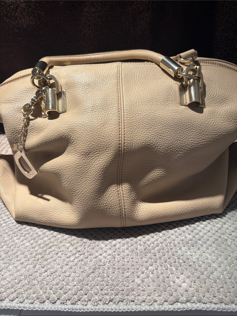 DKNY Cream Pebbled Leather Satchel with Gold Hardware